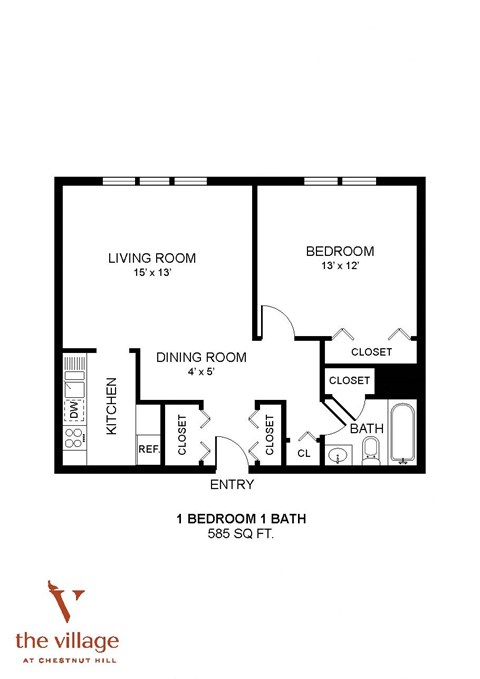 1 Bedroom 1 Bath Floor Plan at Chestnut Hill Village, Pennsylvania, 19118
